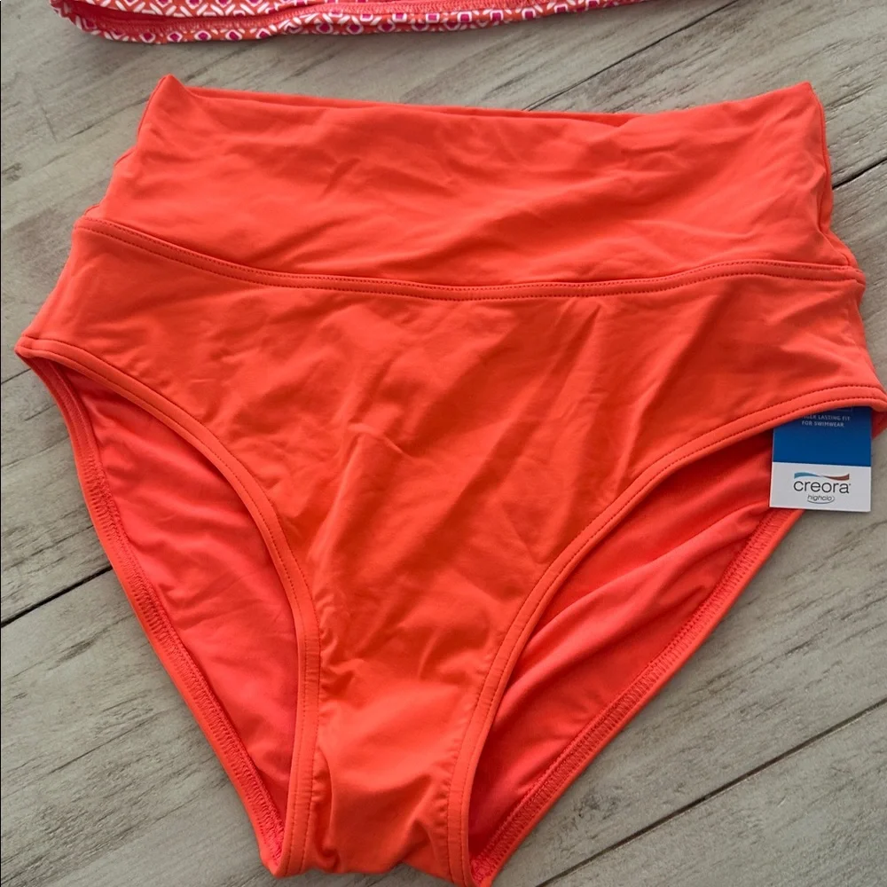 Lands' End Women's Striped Square Neck Tankini Top Orange/White/Coral Pink 6D/8